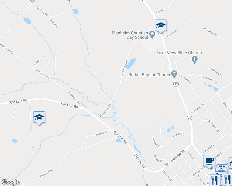 map of restaurants, bars, coffee shops, grocery stores, and more near 361 West Hernley Road in Manheim