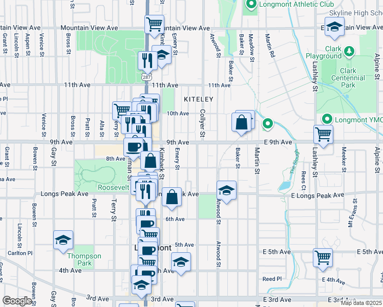 map of restaurants, bars, coffee shops, grocery stores, and more near 823 Collyer Street in Longmont