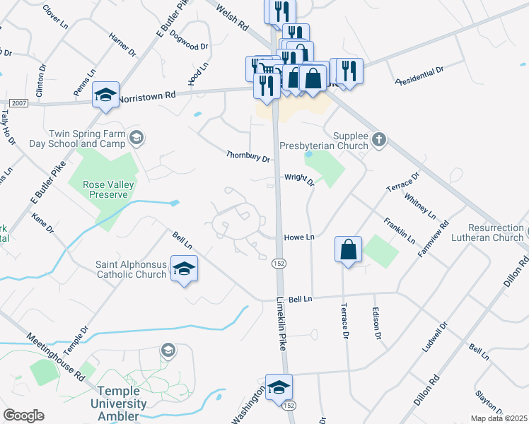 map of restaurants, bars, coffee shops, grocery stores, and more near 103 Durham Court in Maple Glen