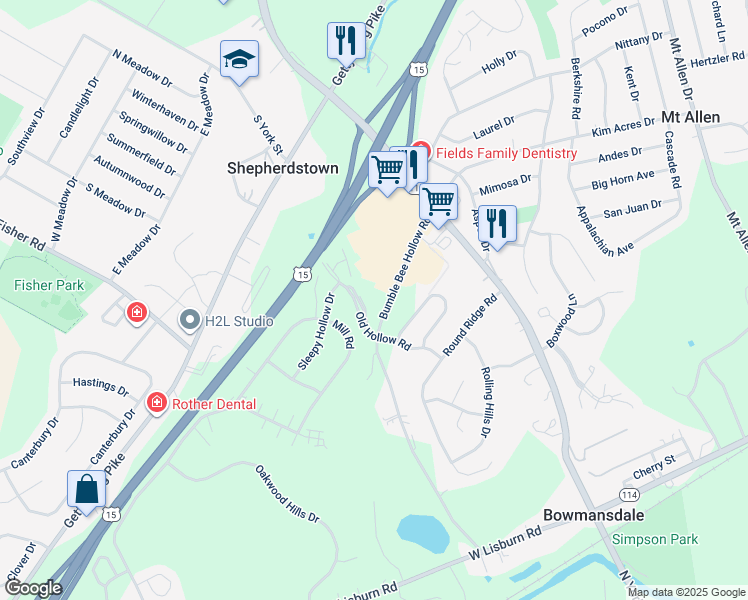 map of restaurants, bars, coffee shops, grocery stores, and more near 2250 Bumble Bee Hollow Road in Mechanicsburg