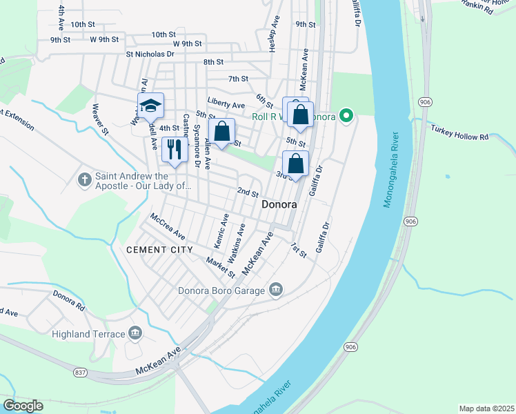 map of restaurants, bars, coffee shops, grocery stores, and more near 133 Thompson Avenue in Donora
