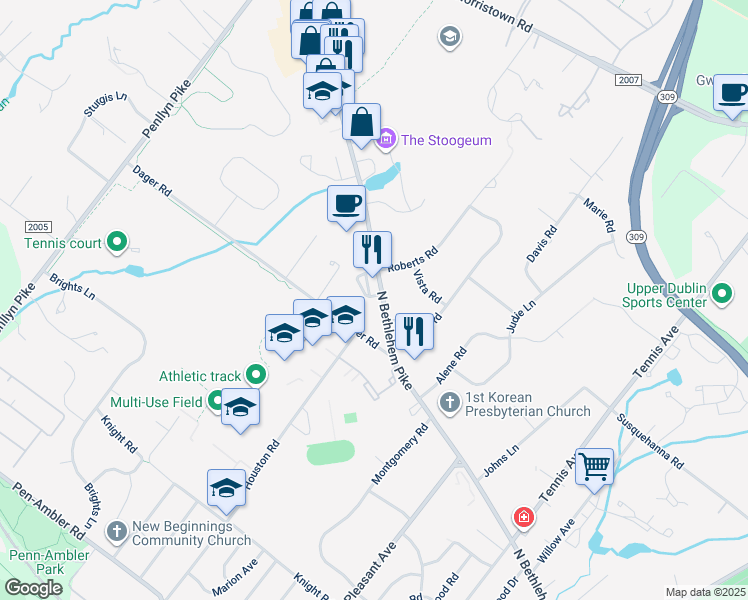 map of restaurants, bars, coffee shops, grocery stores, and more near 4 White Field Court in Ambler