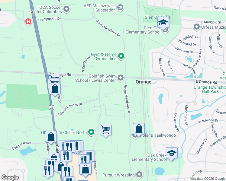 map of restaurants, bars, coffee shops, grocery stores, and more near 705 Hidden Springs Drive in Lewis Center
