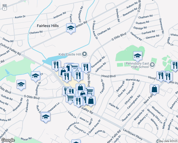 map of restaurants, bars, coffee shops, grocery stores, and more near 500 South Olds Boulevard in Fairless Hills