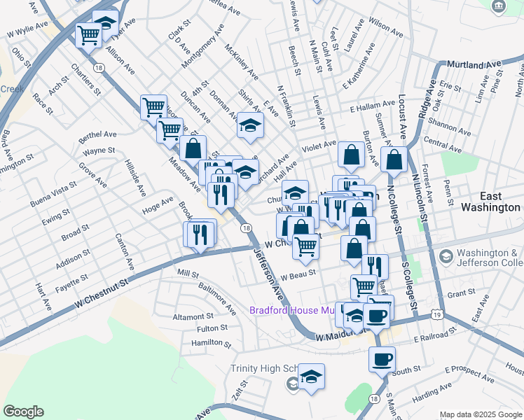 map of restaurants, bars, coffee shops, grocery stores, and more near 161 West Walnut Street in Washington