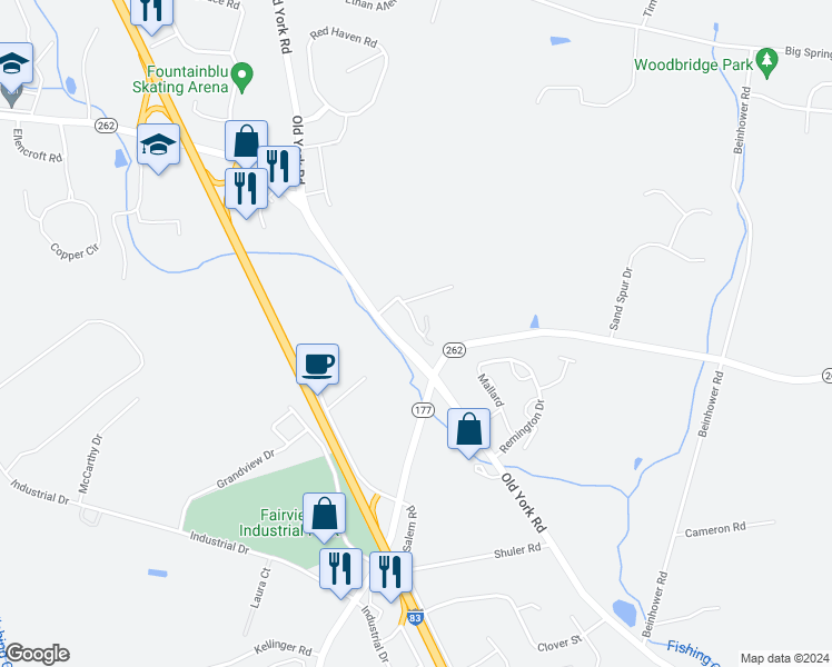 map of restaurants, bars, coffee shops, grocery stores, and more near 594 Old York Road in York County