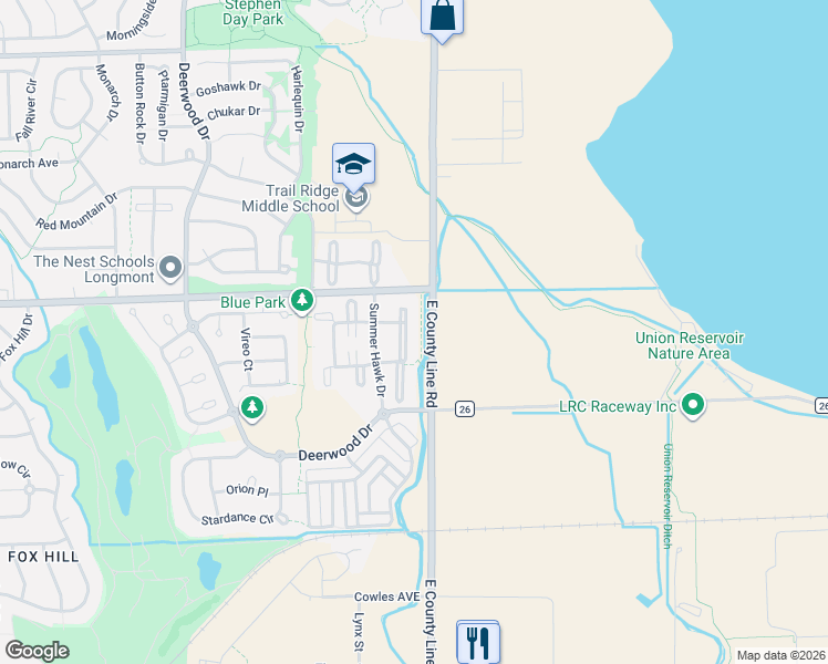 map of restaurants, bars, coffee shops, grocery stores, and more near 804 Summer Hawk Drive in Longmont