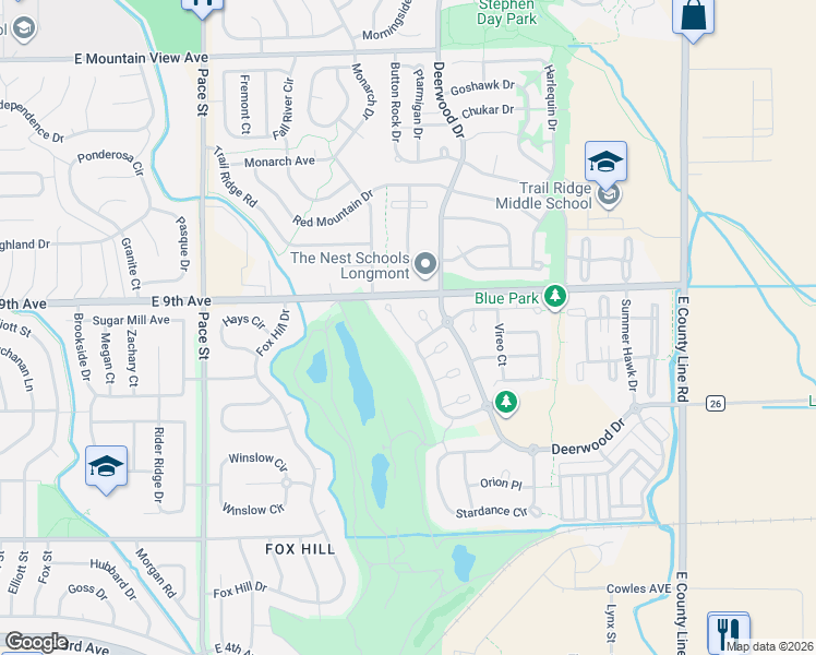 map of restaurants, bars, coffee shops, grocery stores, and more near 828 Windflower Drive in Longmont