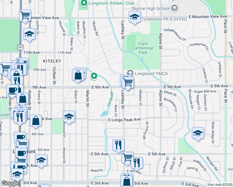 map of restaurants, bars, coffee shops, grocery stores, and more near 809 Lashley Street in Longmont