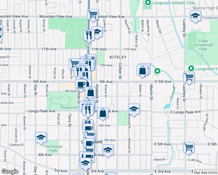 map of restaurants, bars, coffee shops, grocery stores, and more near 823 Collyer Street in Longmont