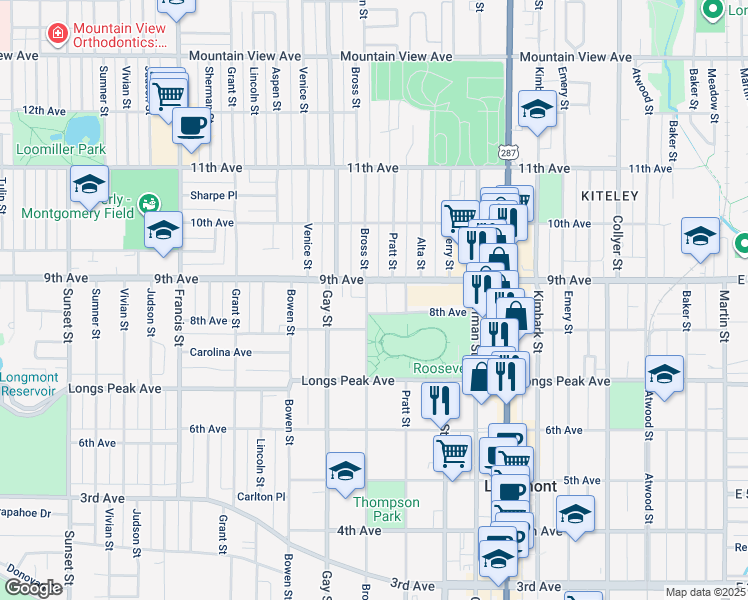 map of restaurants, bars, coffee shops, grocery stores, and more near 820 Bross Street in Longmont