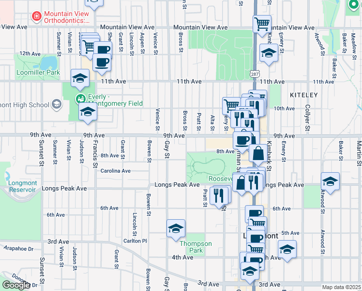 map of restaurants, bars, coffee shops, grocery stores, and more near 816 Gay Street in Longmont