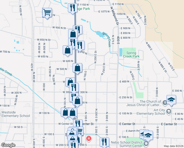 map of restaurants, bars, coffee shops, grocery stores, and more near 185 East 400 North in Springville