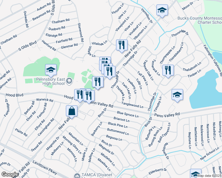 map of restaurants, bars, coffee shops, grocery stores, and more near 428 Thornridge Drive in Levittown