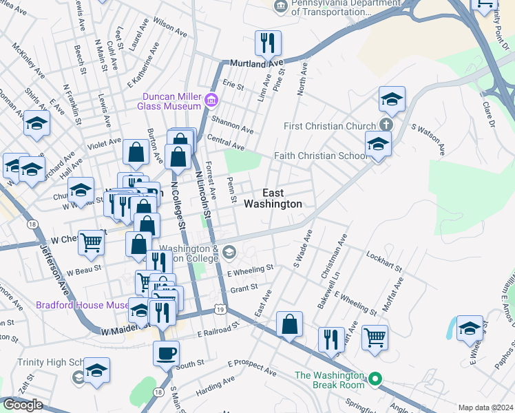 map of restaurants, bars, coffee shops, grocery stores, and more near in East Washington