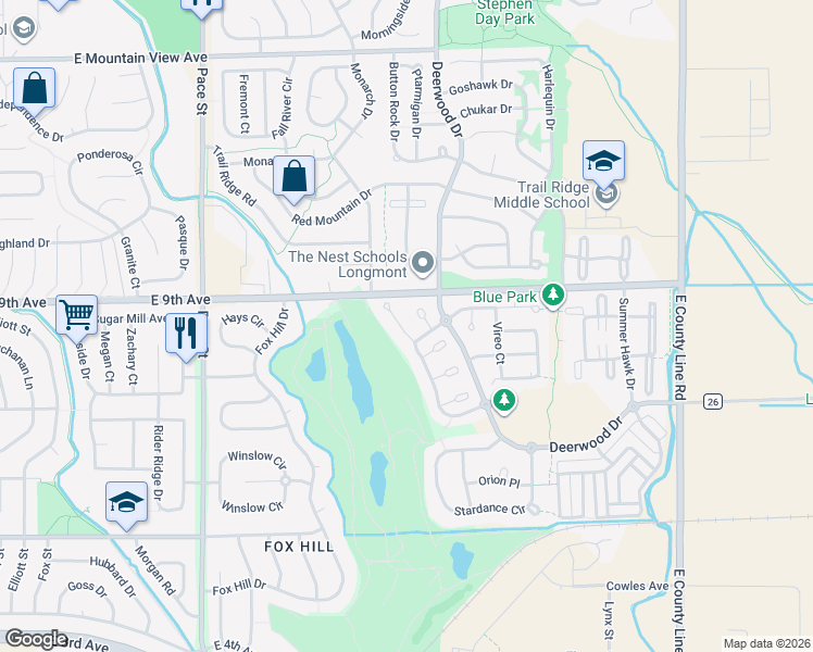 map of restaurants, bars, coffee shops, grocery stores, and more near 828 Windflower Drive in Longmont