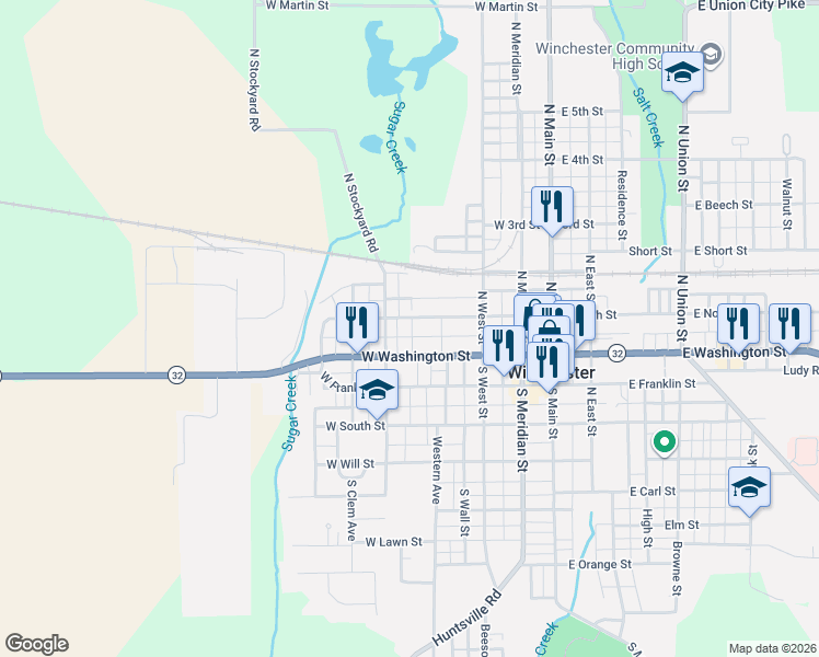 map of restaurants, bars, coffee shops, grocery stores, and more near 538 W Washington St in Winchester