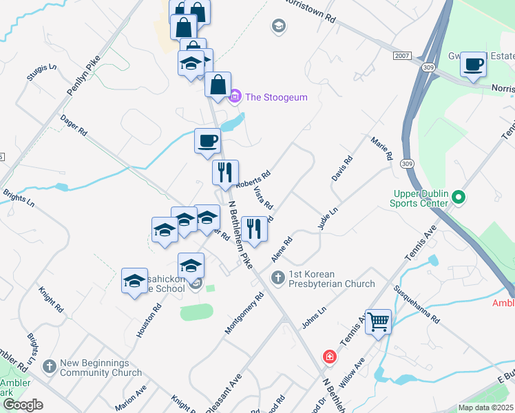 map of restaurants, bars, coffee shops, grocery stores, and more near 532 Vista Road in Ambler
