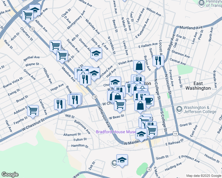 map of restaurants, bars, coffee shops, grocery stores, and more near 111 West Spruce Street in Washington