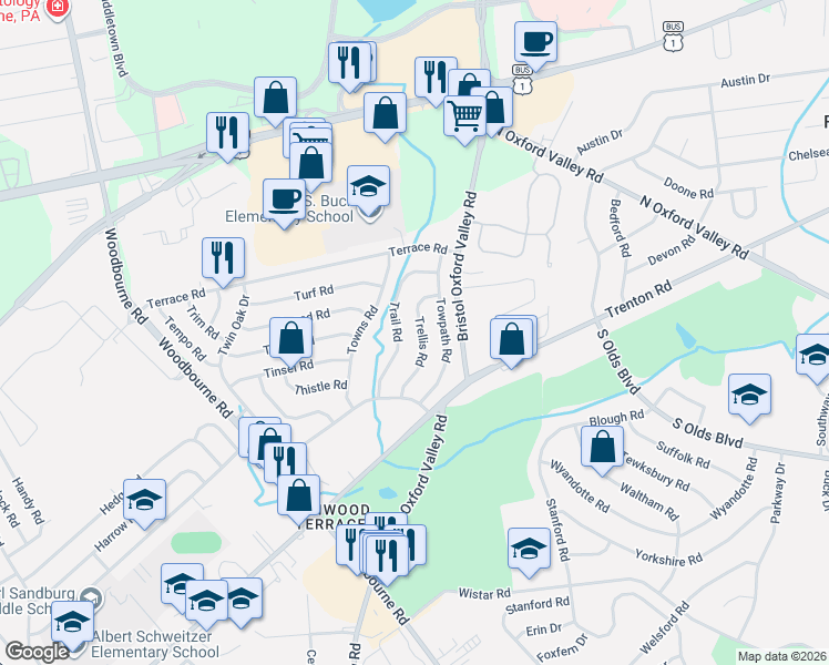 map of restaurants, bars, coffee shops, grocery stores, and more near 32 Trellis Road in Levittown