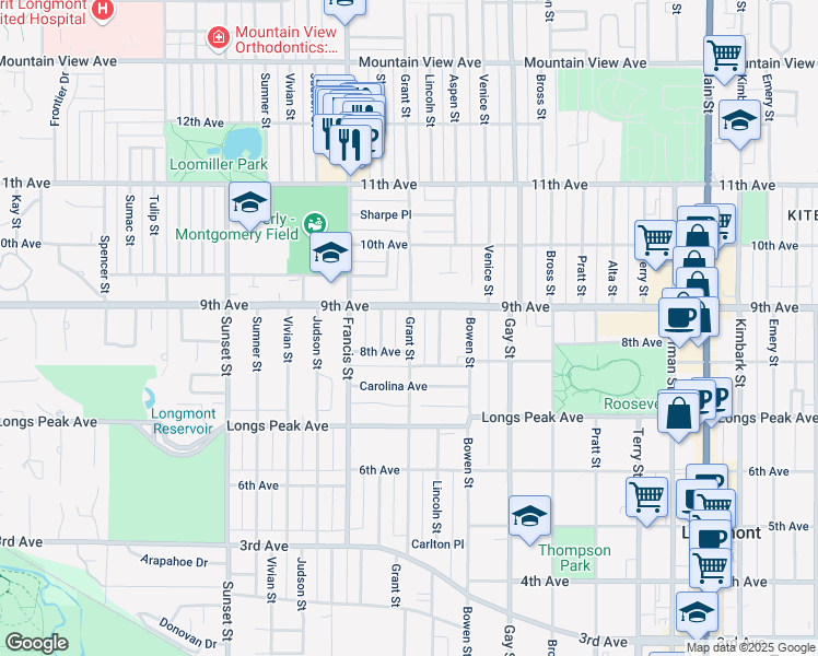 map of restaurants, bars, coffee shops, grocery stores, and more near 120 Ken Pratt Boulevard in Longmont