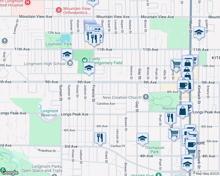 map of restaurants, bars, coffee shops, grocery stores, and more near in Longmont
