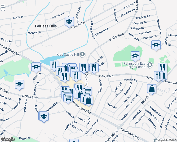 map of restaurants, bars, coffee shops, grocery stores, and more near 500 South Olds Boulevard in Fairless Hills