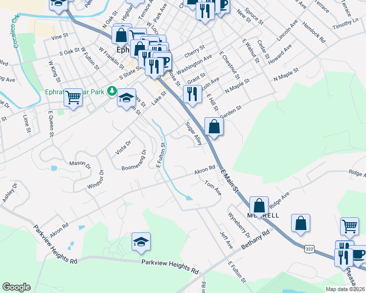 map of restaurants, bars, coffee shops, grocery stores, and more near 40 Michael Court in Ephrata