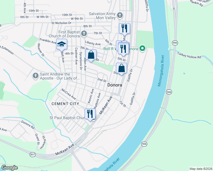 map of restaurants, bars, coffee shops, grocery stores, and more near 120 Thompson Avenue in Donora