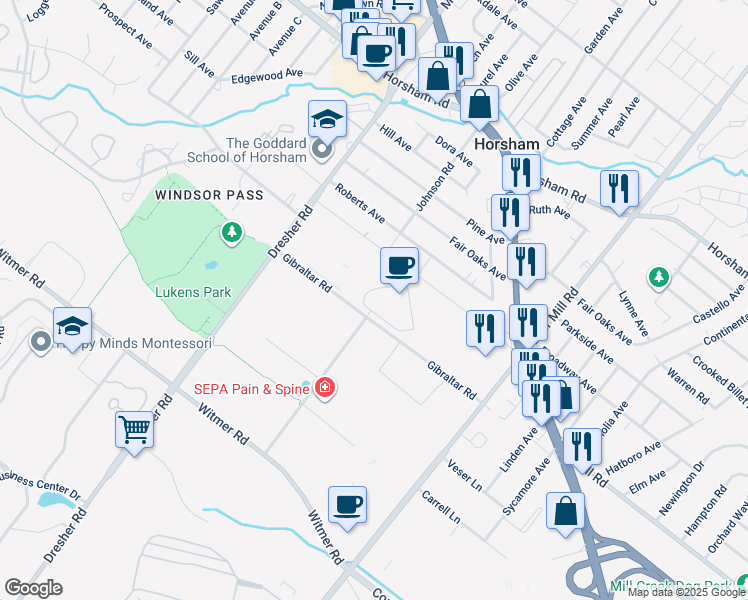 map of restaurants, bars, coffee shops, grocery stores, and more near 240 Gibraltar Road in Horsham