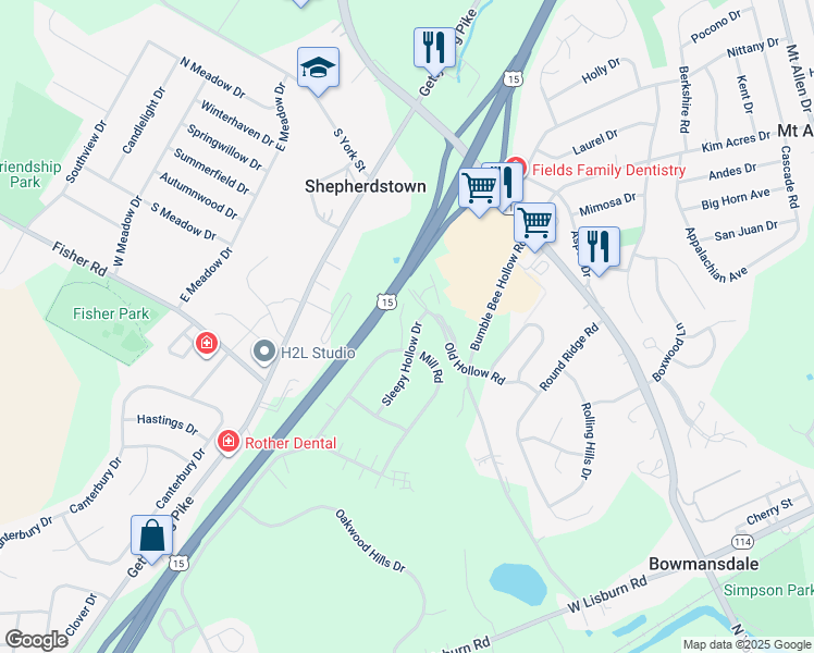 map of restaurants, bars, coffee shops, grocery stores, and more near 217 Wooley Hollow Court in Mechanicsburg