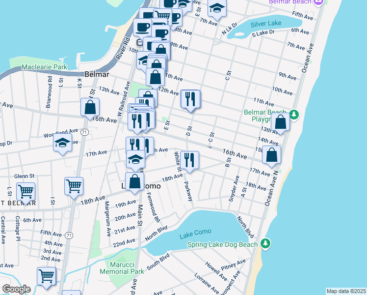 map of restaurants, bars, coffee shops, grocery stores, and more near 1701 Newman Street in Lake Como