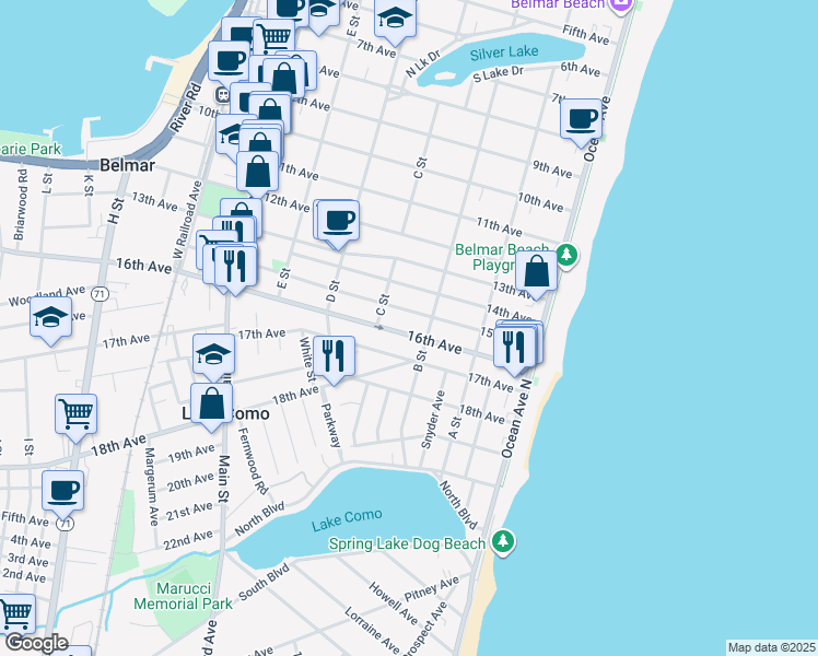 map of restaurants, bars, coffee shops, grocery stores, and more near 311 16th Avenue in Belmar