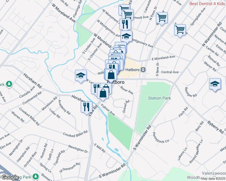 map of restaurants, bars, coffee shops, grocery stores, and more near 243 South York Road in Hatboro