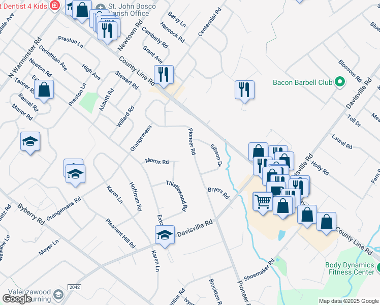 map of restaurants, bars, coffee shops, grocery stores, and more near 2530 Pioneer Road in Hatboro