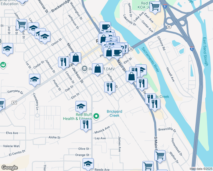 map of restaurants, bars, coffee shops, grocery stores, and more near 398 Madison St in Red Bluff