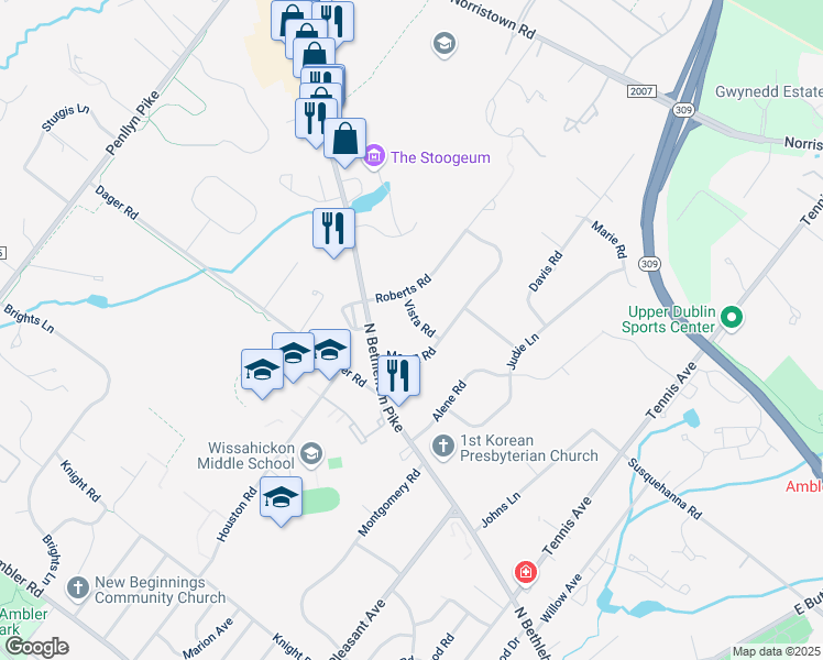 map of restaurants, bars, coffee shops, grocery stores, and more near 532 Vista Road in Ambler