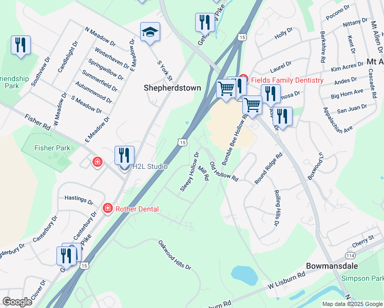 map of restaurants, bars, coffee shops, grocery stores, and more near 217 Wooley Hollow Court in Mechanicsburg