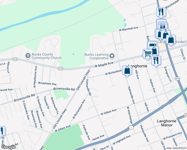 map of restaurants, bars, coffee shops, grocery stores, and more near 555 West Richardson Avenue in Langhorne