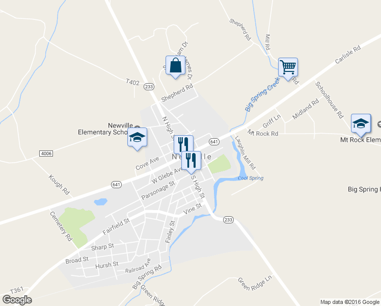 map of restaurants, bars, coffee shops, grocery stores, and more near 17 Carlisle Newville Road in Newville