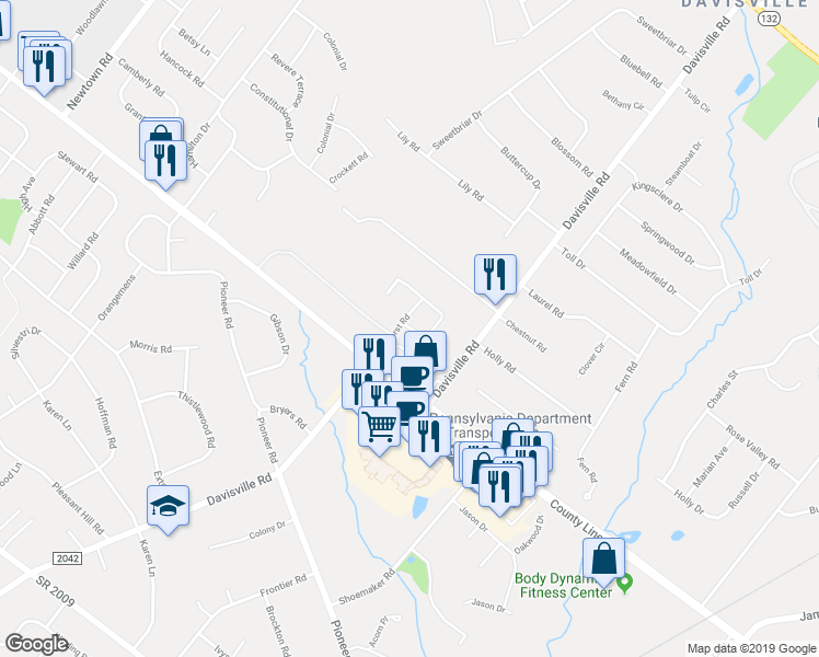 map of restaurants, bars, coffee shops, grocery stores, and more near 452 Roarks Trail in Warminster