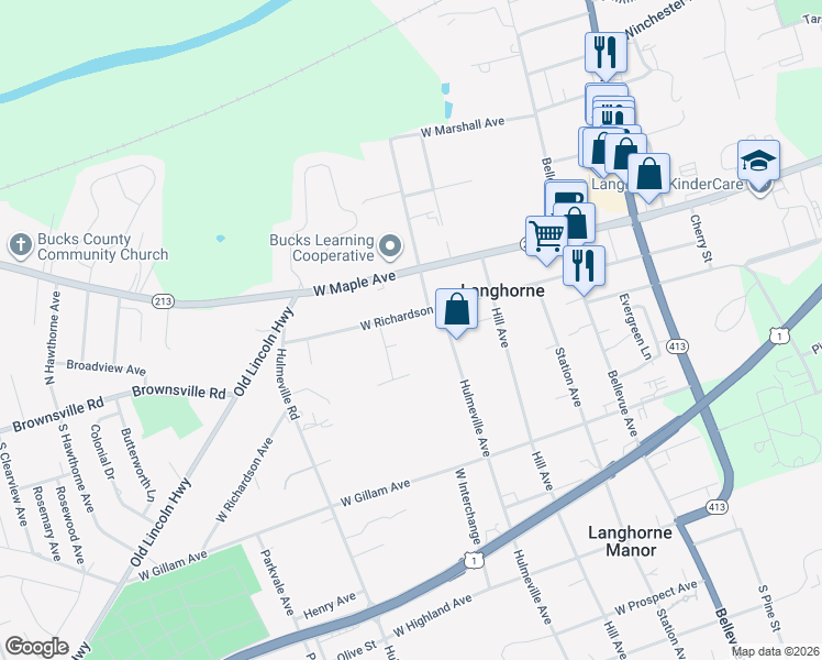 map of restaurants, bars, coffee shops, grocery stores, and more near 401 Robin Circle in Langhorne