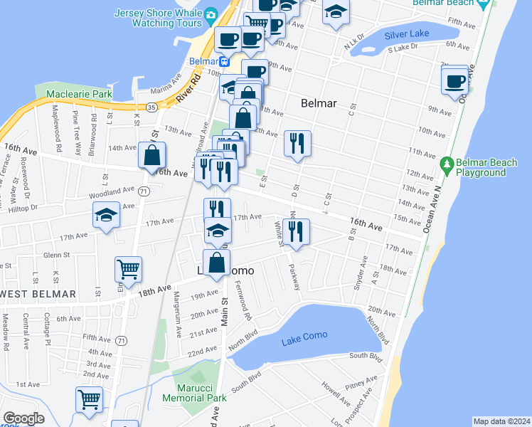 map of restaurants, bars, coffee shops, grocery stores, and more near 1704 Oak Terrace in Belmar