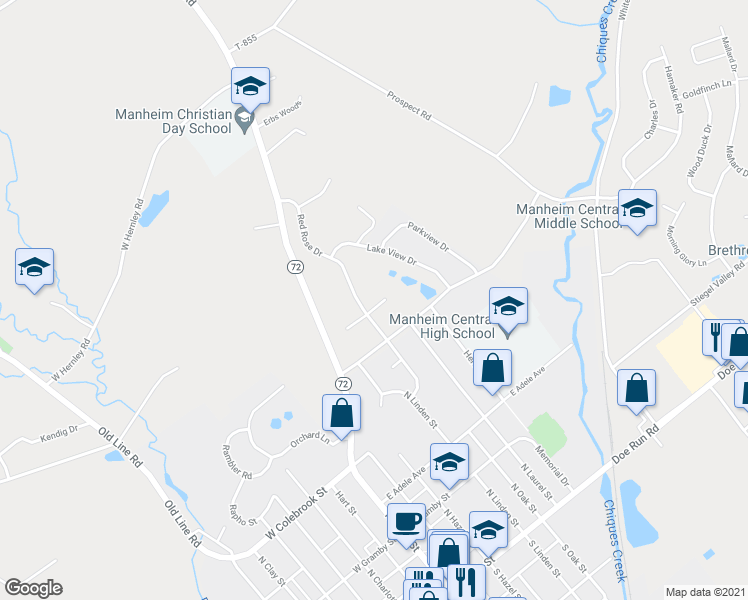 map of restaurants, bars, coffee shops, grocery stores, and more near 218 Julia Lane in Manheim