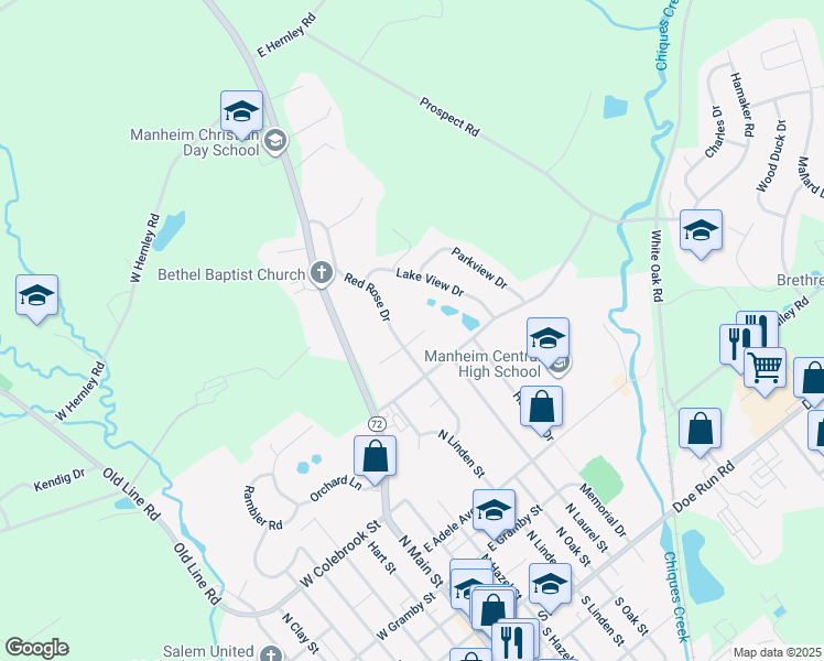 map of restaurants, bars, coffee shops, grocery stores, and more near 218 Julia Lane in Manheim