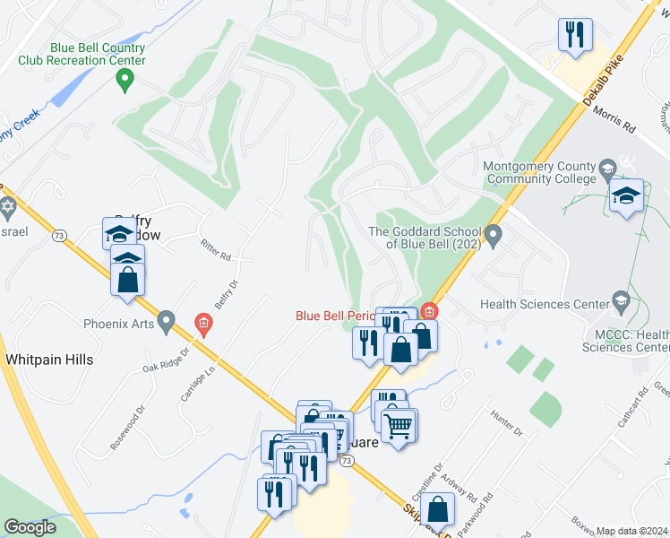 map of restaurants, bars, coffee shops, grocery stores, and more near 213 Oakmont Drive in Blue Bell