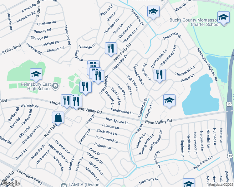 map of restaurants, bars, coffee shops, grocery stores, and more near 34 Twin Leaf Lane in Levittown