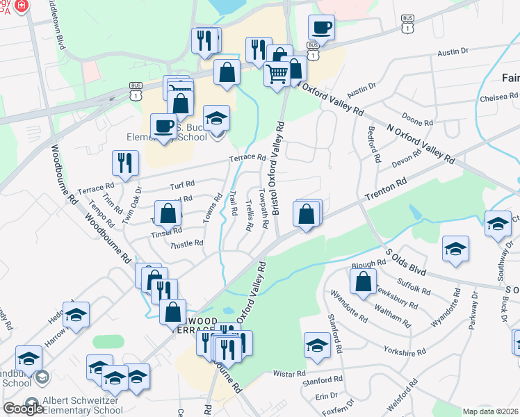 map of restaurants, bars, coffee shops, grocery stores, and more near 32 Trellis Road in Levittown