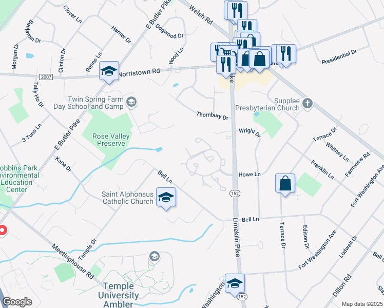map of restaurants, bars, coffee shops, grocery stores, and more near 100 Chatham Court in Maple Glen