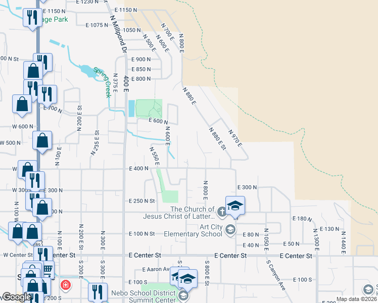 map of restaurants, bars, coffee shops, grocery stores, and more near 645 East 400 North in Springville
